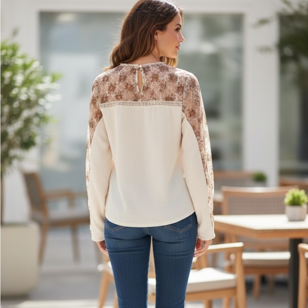SHEIN Ivory Top with Floral Lace Sleeves - Picture 3 of 8